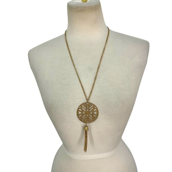 Gold Tone Metal Cutout Pendant Tassel Chain Necklace - Picture 1 of 4